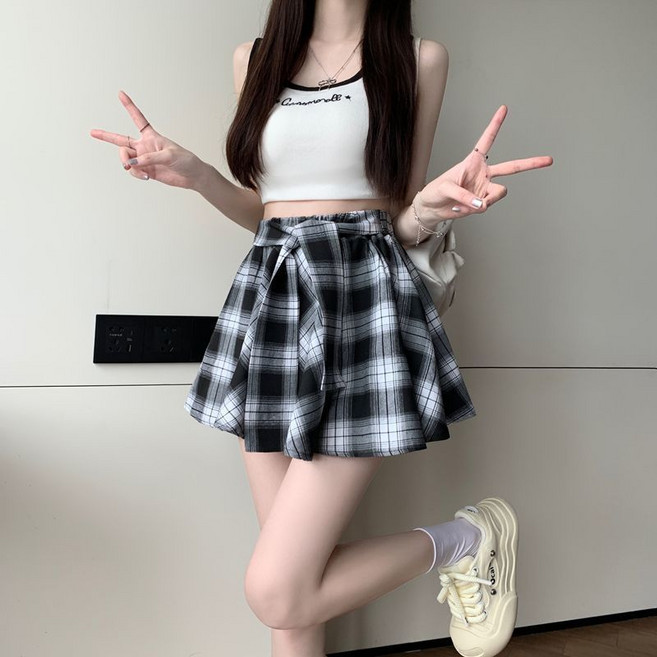 復古高級感格子高腰綁帶A字短裙