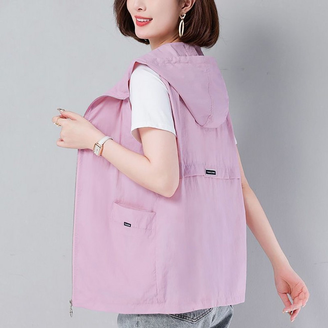 로르카 여성 얇은 단색 데일리 포켓 후드 조끼 자외선차단 빅사이즈 캐주얼 지퍼 조끼 Z01031825