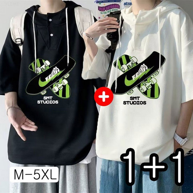 YLEMI 1/1+1 여름 패션 큰 사이즈 프린트 5부 맨투맨 남성 오버사이즈 후드 반팔 티셔츠