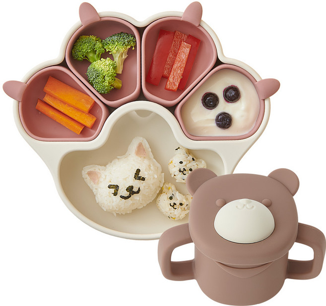 퍼기 냥냥 흡착 식판 + 곰돌이 자기주도 스파우트 멀티컵, 드라이로즈, 브라운, 브라운,드라이로즈, 흡착식판 + 멀티컵