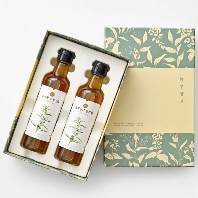 국산100% 참기름선물세트 저온압착 참기름 180ml 2병 농부창고, 1세트