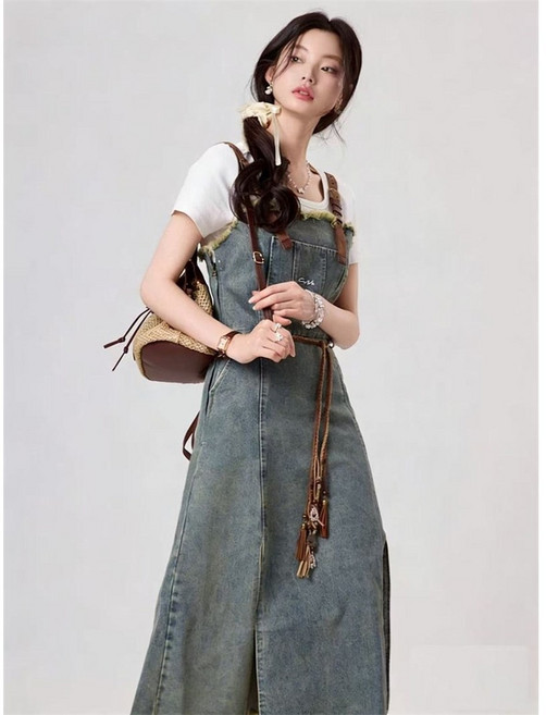 ZAJA 여성 슬림핏 데님 멜빵 롱 원피스 여름 데일리룩