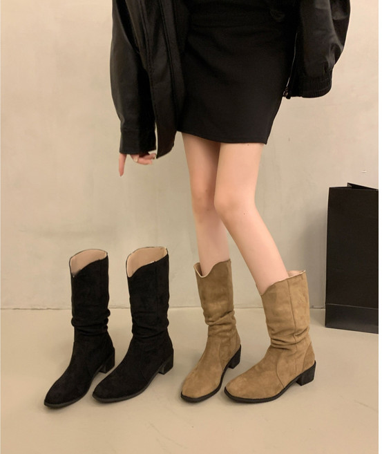 자체제작 셀리 스웨이드 스퀘어토 셔링 미들힐 부츠 5cm