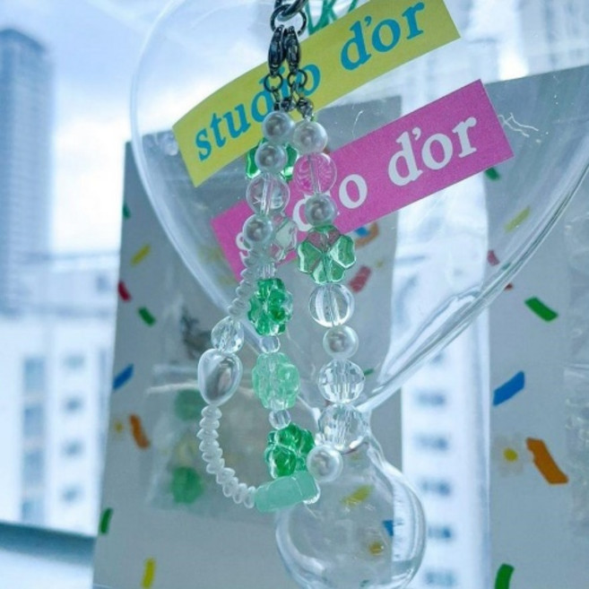 엔젤스가든 DIY 행운의 네잎 클로버 키링 스트랩 열쇠고리 만들기 세트 키트 5종 합격/ 수능/ 소원/ 시험/ 우정 기원, 1개, 05 투명하트 스트랩