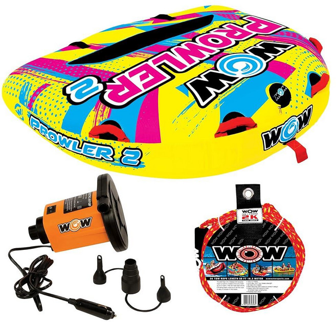 WOW Sports Prowler 스타터 키트 2인용 보트 튜브 12v 고속 에어 펌프 및 2K 견인 로프