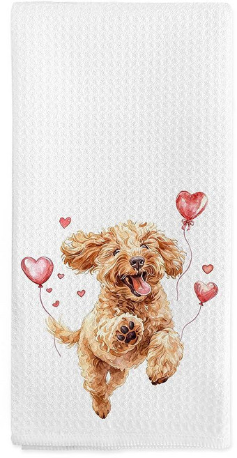 Nvucamd Valentines Funny Highland 웨스턴 소 키친 타월 선물 발렌타인 데이 웨스턴 소 애호가 주인 선물 욕실용 핸드 타월 농가 소 주방 접시 티, Goldendoodle