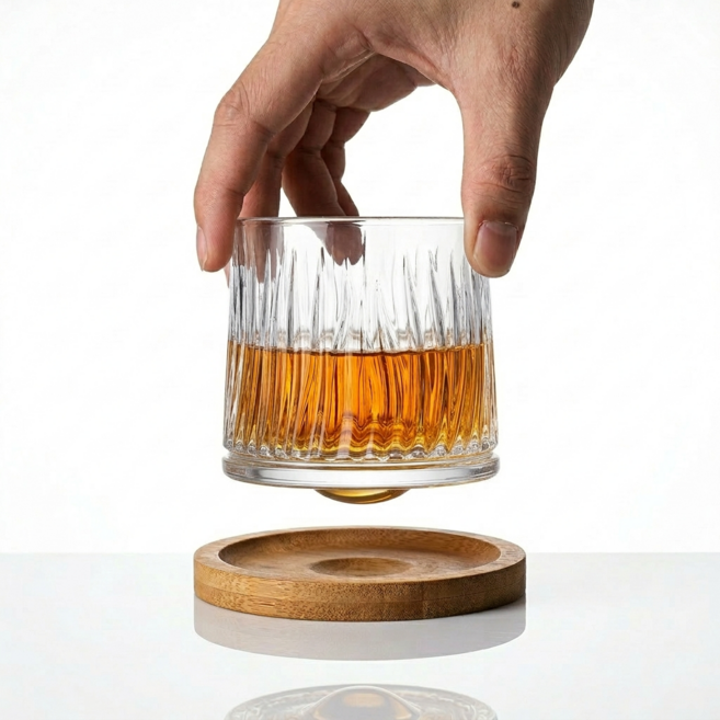 닉스리빙 회전형 스핀 글라스 롤링 언더락 위스키잔 + 받침대 세트, 1개