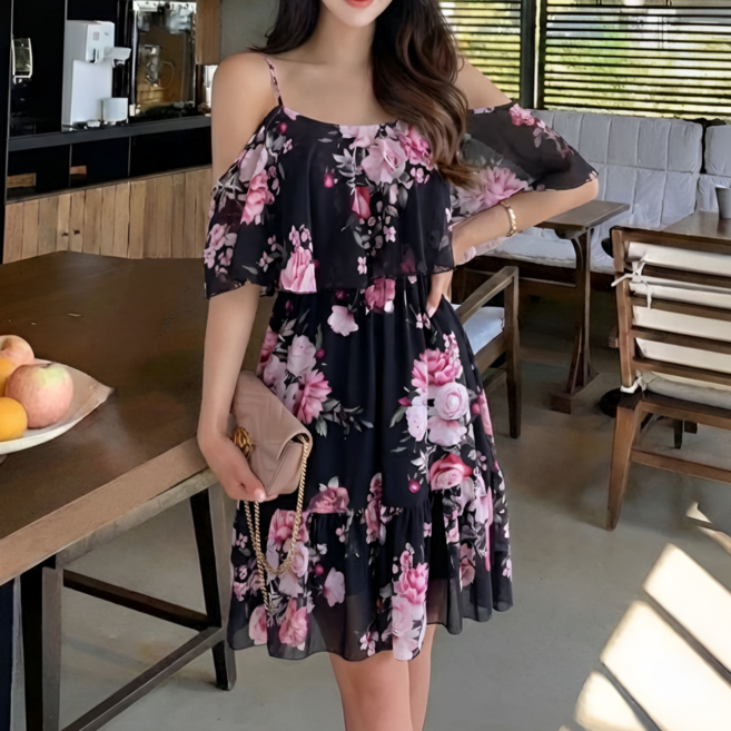 쁘띠엘라 휴양지원피스 체형커버 쉬폰 미니 드레스 리조트룩