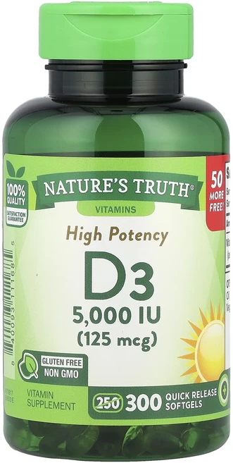 Nature's Truth 고효능 비타민D3 125mcg(5000IU) 빠른 방출 소프트젤 300정, NaturesTruth고효능비타민D3125mcg5000, 1개 - 쿠팡