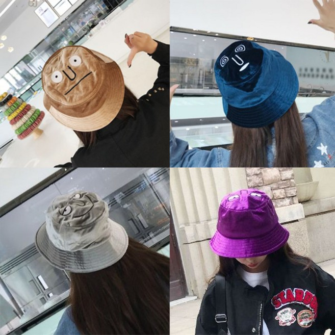 봄별 얼굴 모티브 자수 벨벳 벙거지 버킷햇 모자