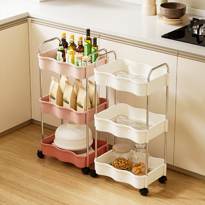 [YOUNG] 웨이브 360도 회전 이동식 트롤리 수납선반 틈새정리 수납카트, 그라데이션 핑크, 3단
