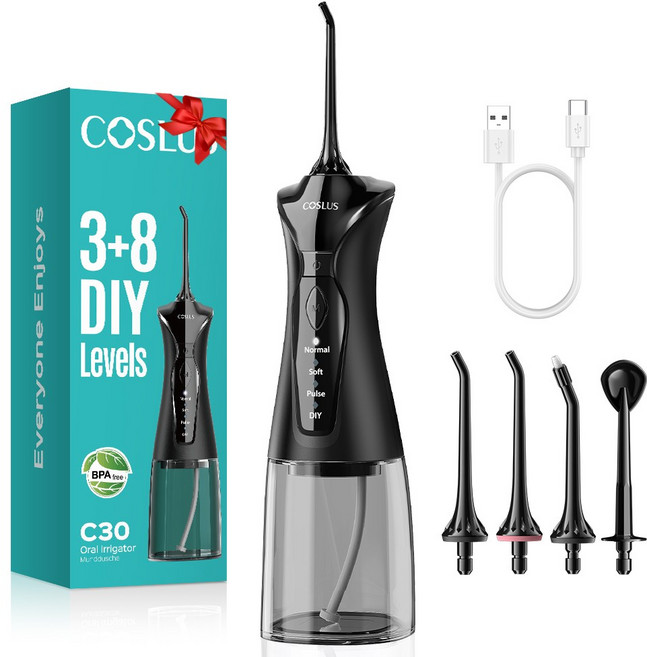 COSLUS 코슬루스 3+8 모드 무선 구강세정기 IPX7 급방수, C30, 블랙