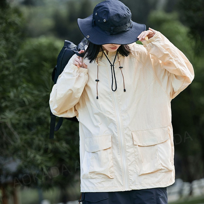 AOKADA 남녀공용 여름 초경량 자외선 차단 후드집업 바람막이 아웃도어 통기성 좋은 카고 자켓, 아이보리