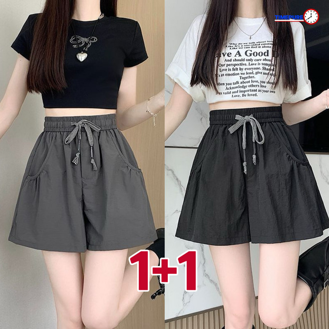 1+1 여름 데일리 허리 밴딩 숏팬츠 하이웨스트 쿨 운동 팬츠 트레이닝 반바지 핫썸머 시원한 와이드 팬츠 2장세트