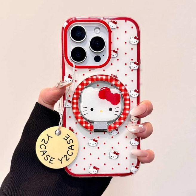 TYREUS 빨간 도트 가득 키티 갤럭시S26Ultra 자석 거치대 맥세이프 그립톡 s24/25호환 케이스