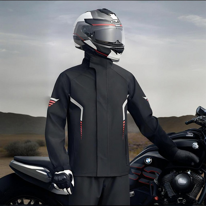 정싱 성인 오토바이 레인코트 폭우방지 우비구 방한 오토바이 라이딩 방수 우비 상하의 세트, 블랙, M