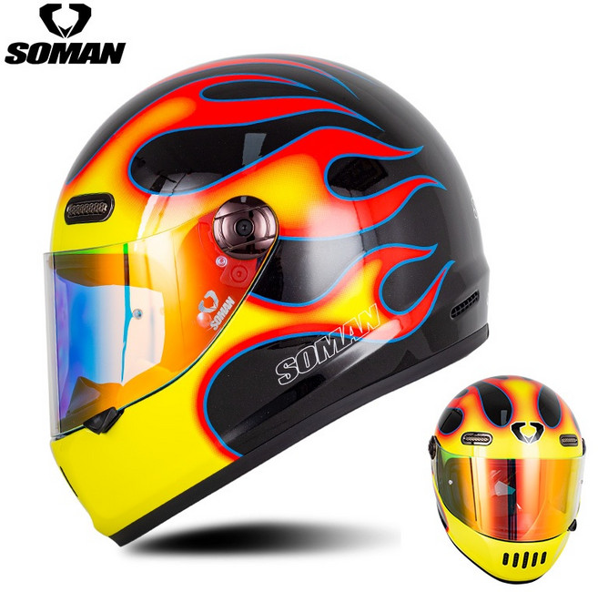 soman H9 全罩式復古安全帽 DOT/ECE認證, BLACK YELLOW RED FLA