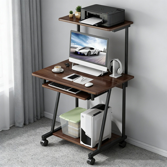 1인용 컴퓨터책상 이동식 책상 선반형 다용도 데스크 홈오피스 노트북 테이블, 브라운