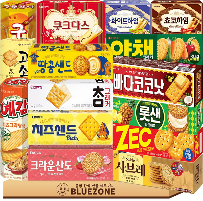 [블루존] 종합 곽과자 15종 세트 빠다코코낫 롯데샌드 야채크래커 제크 고소미 사브레 땅콩샌드 참크래커 크라운산도딸기 치즈샌드 쵸코하임 화이트하임 쿠크다스 화이트 구운감자 예감, 1박스, 혼합
