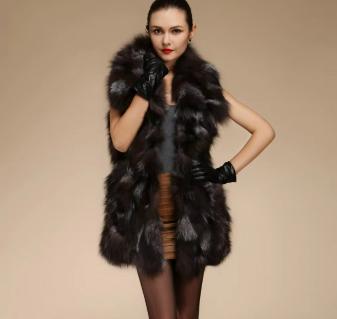 (연베이지 실버폭스그레이 브라운레드폭스)빅카라 가죽벨트 골반기장 천연폭스 폭스 모피조끼 폭스퍼 베스트 여우털조끼 엉덩이기장