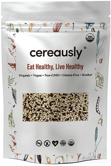 CEREAUSLY 유기농 3색 퀴노아 - 볼리비아의 프리미엄 로열 퀴노아 - 코셔 및 GMO 프리 퀴노아 벌크 - 비건 및 글루텐 파이 쿠킹 퀴노아 - 1.8kg(4파운드), 4 Pound (Pack of 1), 1개, 1.8kg