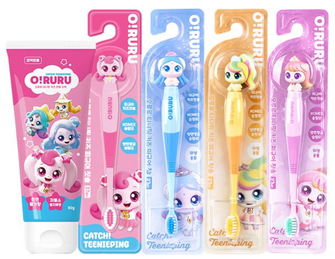 새콤달콤 캐치티니핑 칫솔 4종 피규어 어린이 + 치약, 혼합색상, 1세트, 1개입