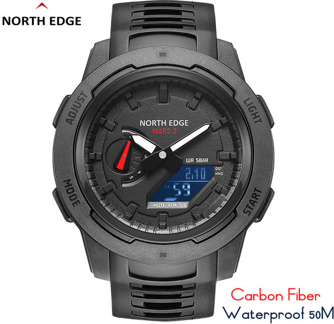 NORTH EDGE Mars 3 남성용 군용 시계 디지털 탄소 섬유 케이스 방수 50M 스포츠 세계 시간 LED 손목, Black_CHINA, 1개