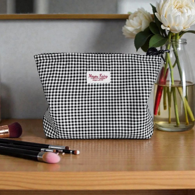 블랙 체크 데일리 수납 파우치