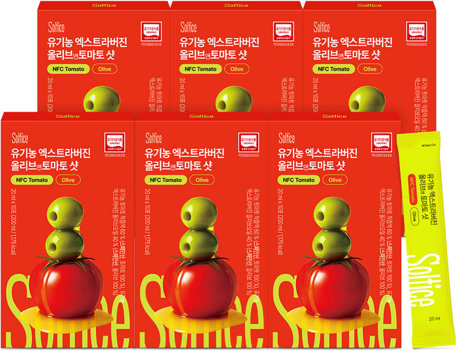 솔티스 유기농 엑스트라버진 올리브앤 토마토 샷_올토샷 폴리페놀 라이코펜 토마토 NFC 착즙 스페인산 냉압착 올리브오일, 6박스, 200ml