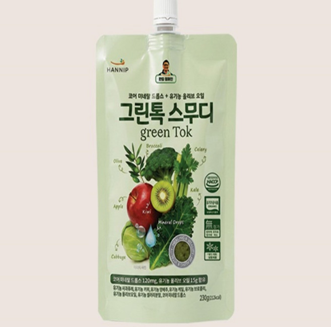 건강식 한입퓨레 미네랄드롭스 올리브오일과 과일 채소 조화 유기농 한입 그린 톡 스무디 230g x 5팩, 5개