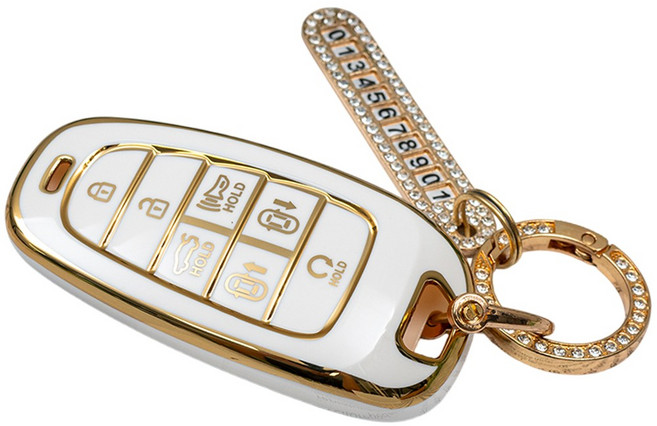 현대 소나타 DN8 스타리아 넥쏘 팰리세이드 호환 TPU 자동차 키 케이스 번호판 키링 키홀더, 7버튼TA34-KH03, 화이트