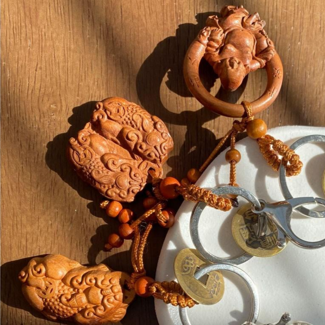 뚱보 비휴열쇠고리 비휴소품 쌍비휴열쇠고리 복숭아나무 열쇠고리, 코끼리 원목키링, 1개