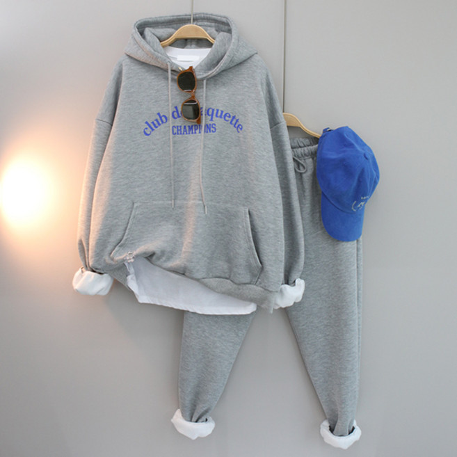 달콩 여성 겨울상하세트 운동복 캠핑룩 클럽후드맨투맨세트(기모)