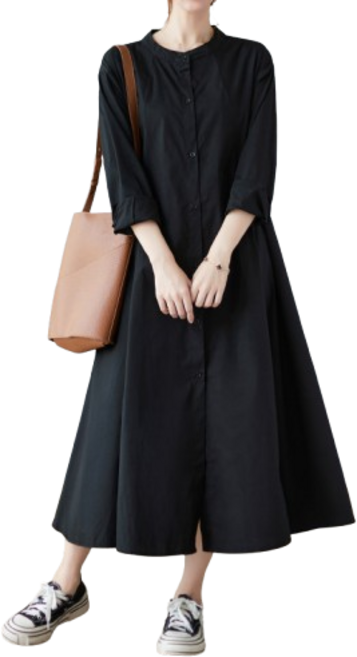 티티웍스 여성 루즈핏 차이나넥 롱 셔츠원피스 A라인 체형커버 버튼 원피스 봄 가을 데일리