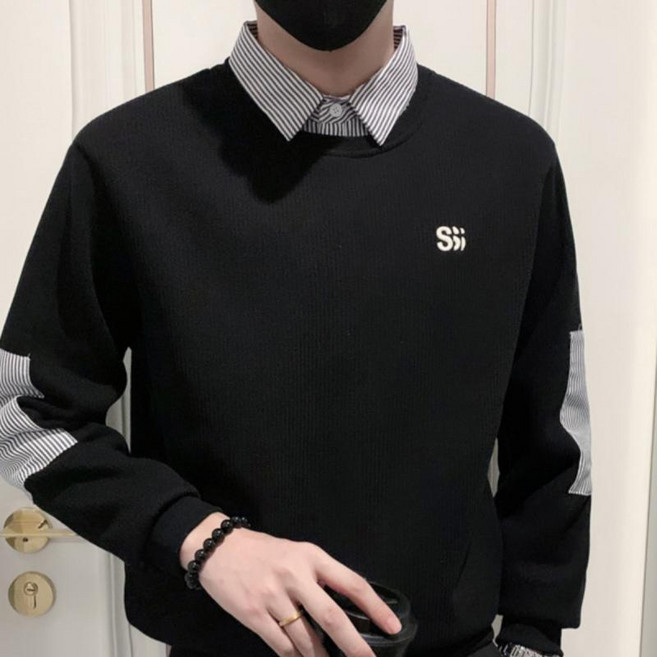 假兩件襯衫領薄款衛衣男 秋冬拼接條紋小衆設計感潮流百搭T恤上衣