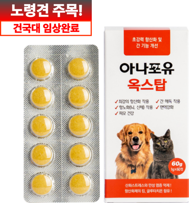 아나포유 옥스탑 항산화제 간 강아지 고양이 글루타치온 노견 노령견 영양제, 1개, 면역/항산화, 60정