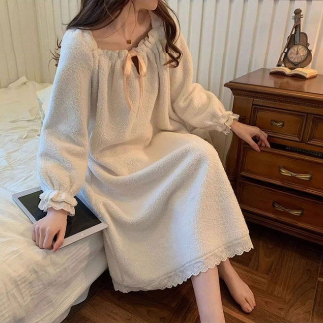 해피유통 여성 스퀘어넥 달콤 공주풍 하프기장 원피스 도톰 기모 보온 홈웨어 gdqwl