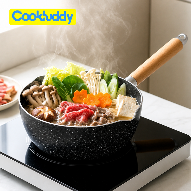 CookBuddy 인덕션 겸용 코팅 편수냄비 우드핸들 라면냄비, 1개, 회색 바탕에+흰색 반점, 16cm