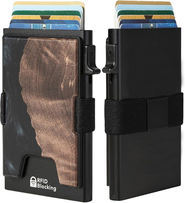 골리디 미니멀리스트 남성 카드 홀더 지갑 RFID 차단 슬림 스마트 팝업 알루미늄 12장 이상의 소지 확장 가능한 컴팩트 플레이트 캐시 스트랩/머니 클립(블랙)