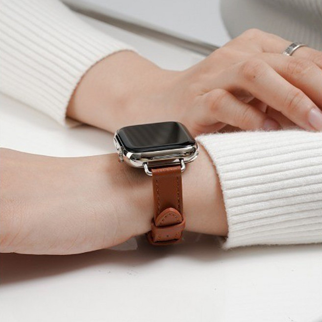 애플 워치 호환 슬림 가죽 스트랩 울트라8 7 6 SE 세대 실리콘 스포츠 밴드 루프 메탈 케이스 시계줄, 브라운, 1개