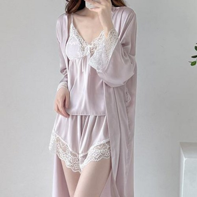 레이스 실키슬립 3P 실크 나이트 가운 로브 나시 브라캡 잠옷 샤워 골프가운