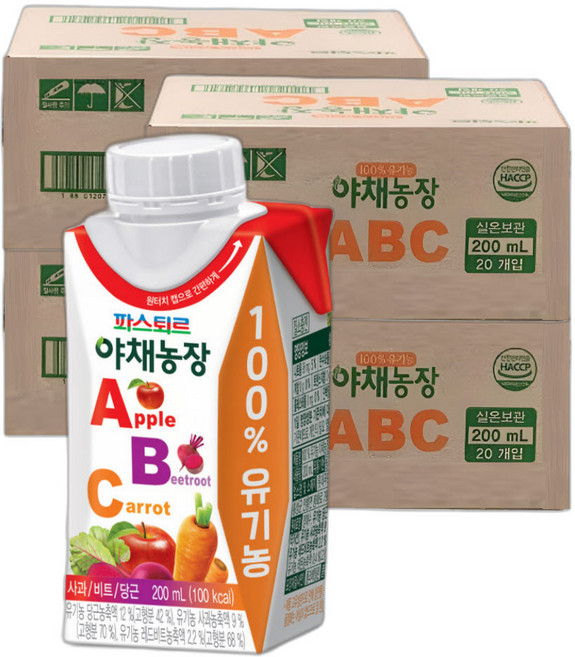 파스퇴르 유기농 야채농장 ABC주스 200ml(80팩) 실온보관주스, 200ml, 80개