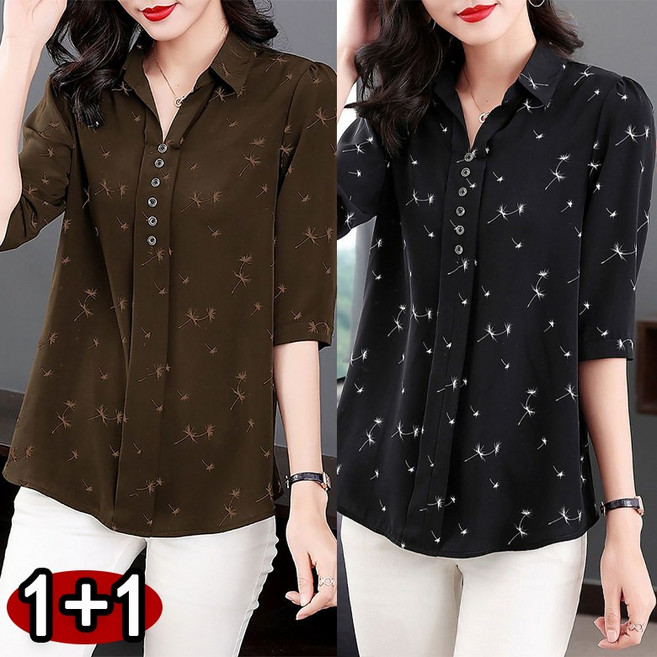 1+1 M-6XL 빅사이즈 중년여성의류 쉬폰 블라우스 데일리 카라넥 블랙 여자 7부소매 티셔츠 상의