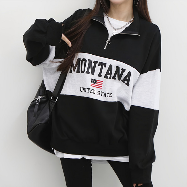 여성용 빅사이즈 오버핏 반집업 맨투맨 데일리룩 루즈핏 긴팔 체형커버