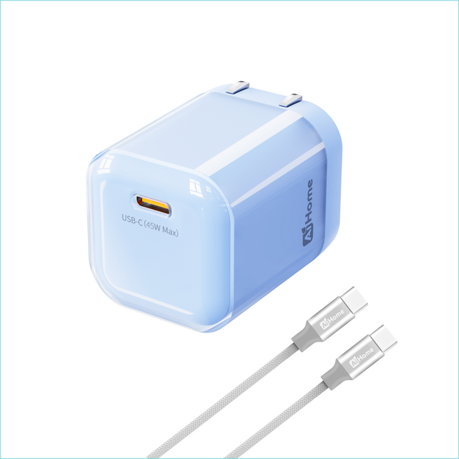 AJHome USB-C 45W Max 充電器 適用於平板電腦 筆記型電腦和手機, 藍色快充頭+1米快充線C轉C, 1套