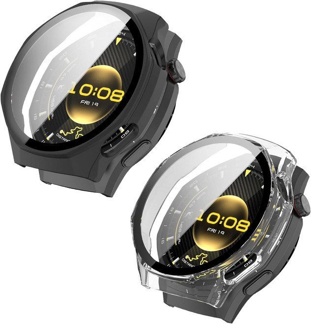 화웨이 워치 GT 6 프로 1.8인치46mm 보호 케이스 2개 세트 커버 유리 필름 통합 디자인 PC + 소재 전체 높은 투과율, 1세트, 투명 + 블랙