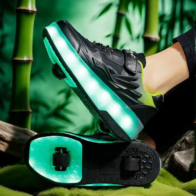 바퀴 달린 신발 휠 운동화 투명 롤러스케이트 바퀴 4륜 접이식 스포츠 롤러신발 발광슈즈, 1개, 블랙 그린 WH007 - 4륜