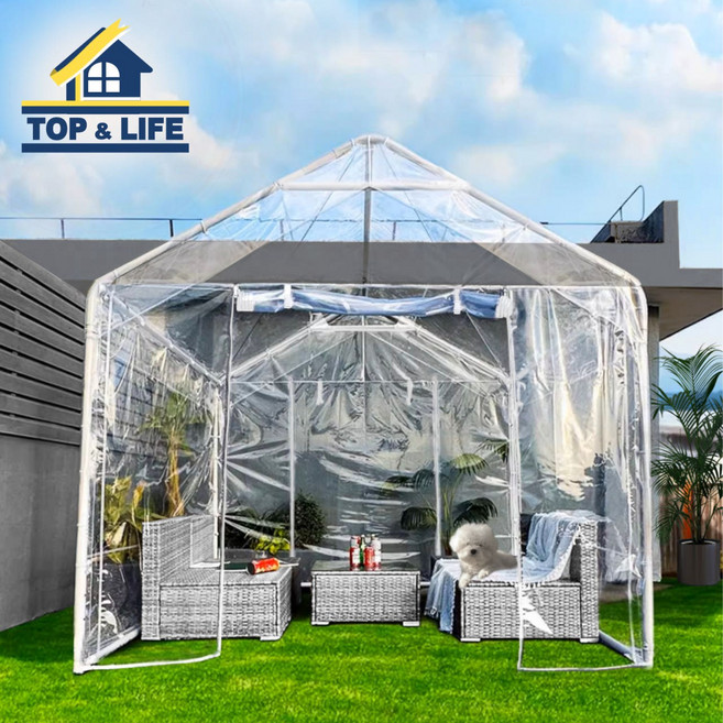 [탑앤라이프] 투명 캐노피 조립식 천막 몽골 텐트 바람막이 가제보 행사 식당 웨이팅 그늘막, 투명PVC천막(지붕*옆4면*프레임)+베이지천장커버