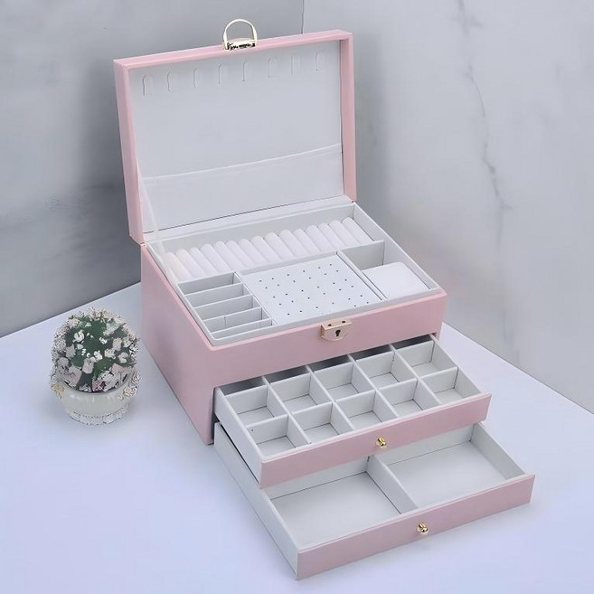 세련된 디자인의 3단 잠금식 가죽 반지 팔찌 귀걸이 목걸이 겸용 수납 보석함