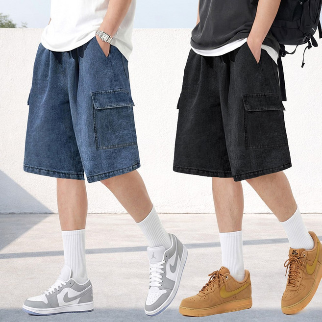 남자 데님 카고 반바지 와이드 밴딩 청반바지